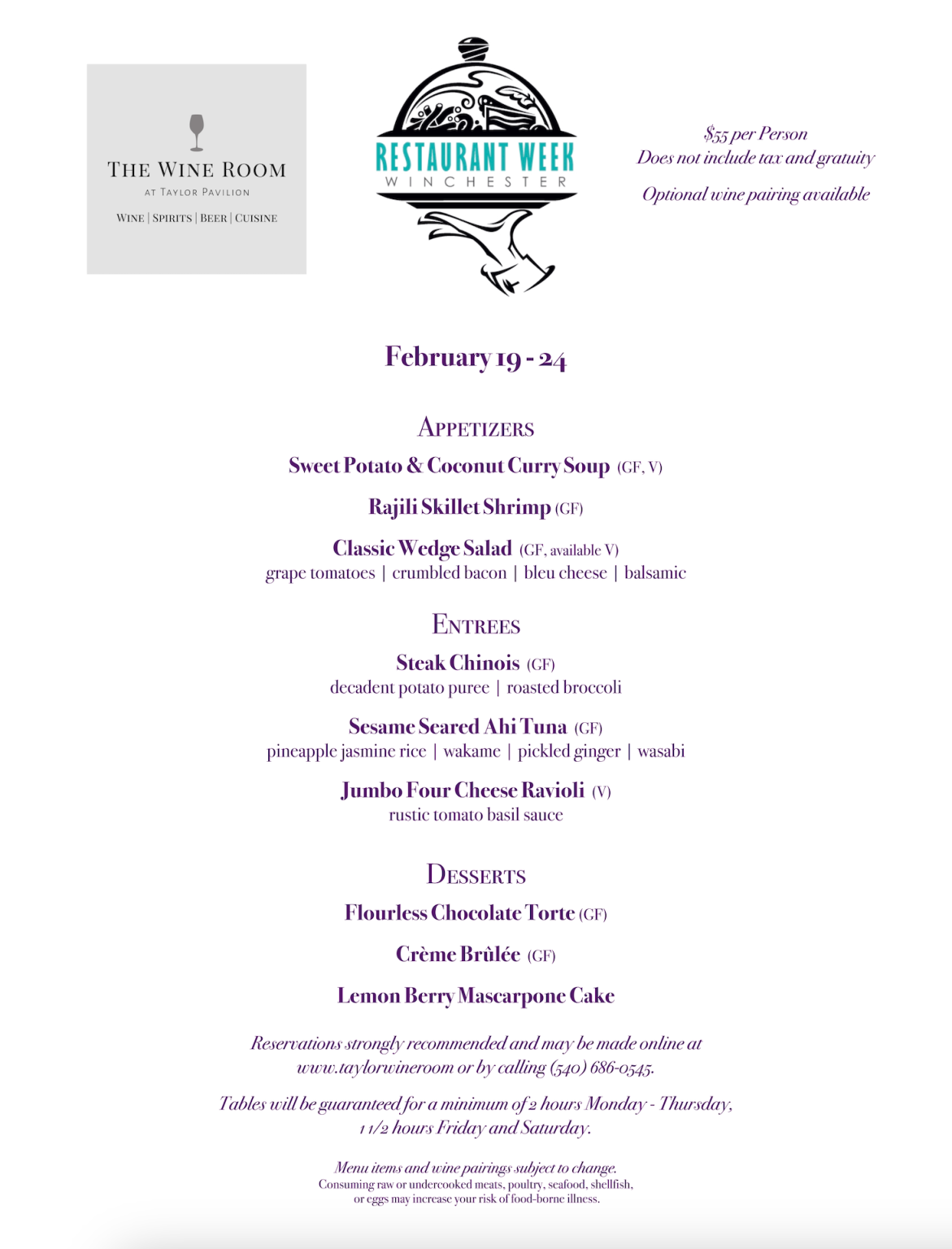 The Wine Room at Taylor Pavilion Winchester Restaurant Week