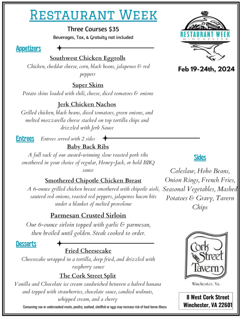 Cork Street Tavern Winchester Restaurant Week Winchester, VA