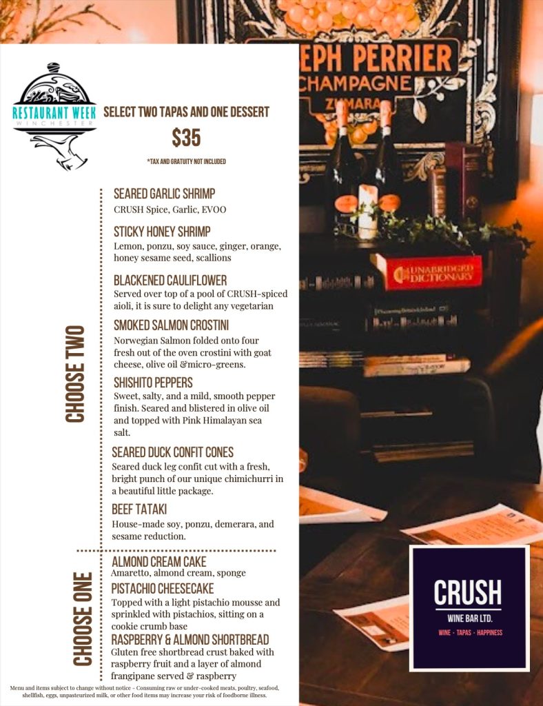 Crush Wine Bar Winchester Restaurant Week Winchester, VA