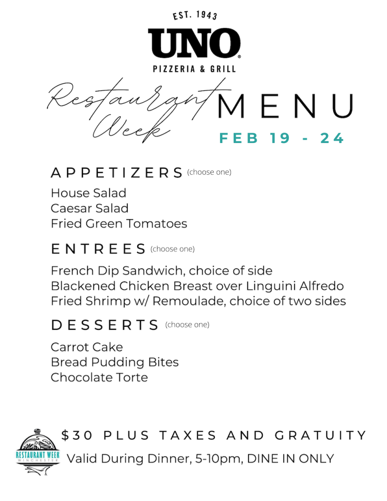 unomenu Winchester Restaurant Week Winchester, VA
